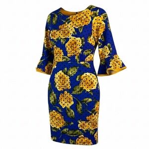 SHELBY & PALMER Polka Dot Rose Pattern Midi Dress Gold Royal Blue Flute Sleeve 6